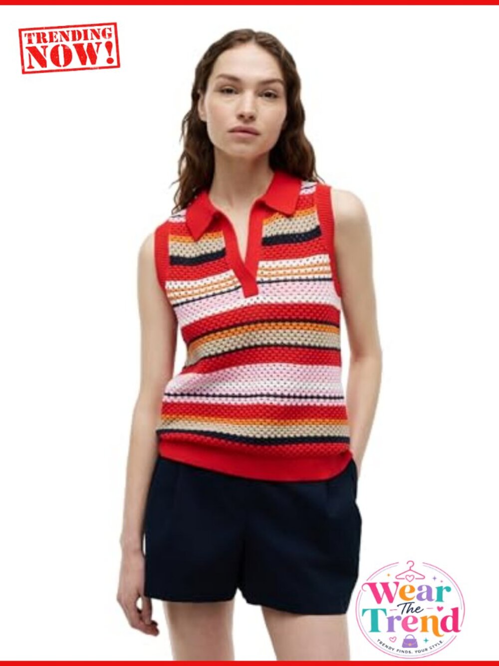 Sleeveless Cotton Polo Shirt Crochet Regular Fit V-Neck Collared Summer Top